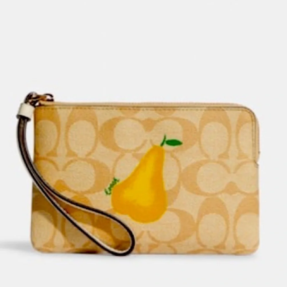 COACH Zippered Wristlet in Signature Canvas with a Decorative Pear 🍐 NWT